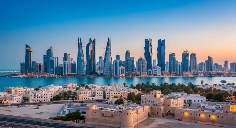 Skyline of Bahrain with modern skyscrapers and traditional architecture, symbolizing economic growth and diversity