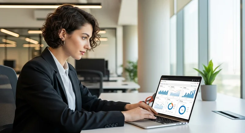 A business analyst working on a laptop, displaying real-time data analytics dashboard with graphs and charts, in a modern office setting