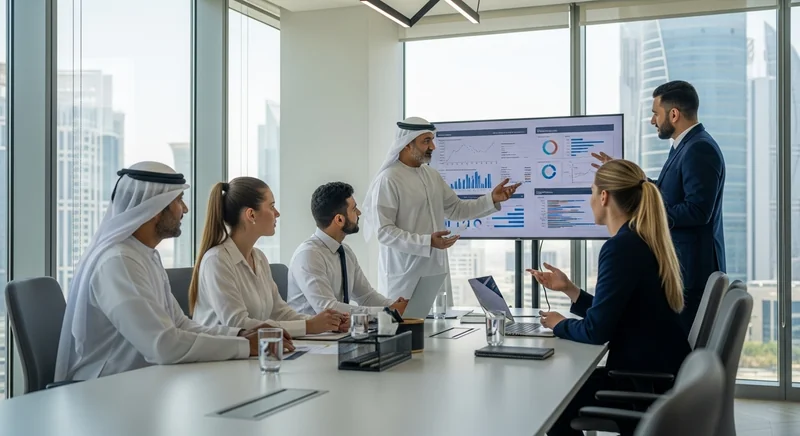 Professional business meeting in a modern Bahraini office, with diverse businesspeople discussing economic data