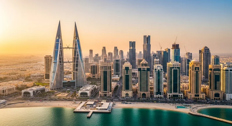 Modern skyline of Manama, Bahrain, with prominent financial and business district buildings