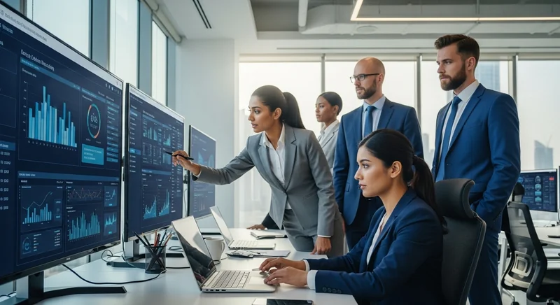 Business professionals analyzing real-time data on digital dashboards in a modern office setting