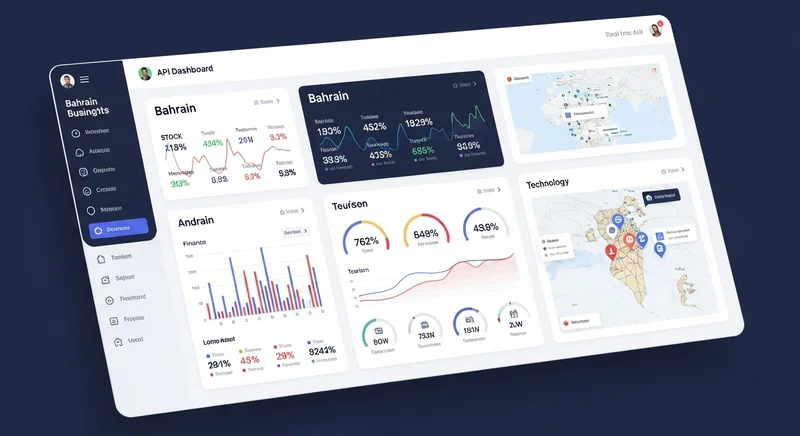 Digital representation of a real-time API dashboard showing business insights for Bahraini markets