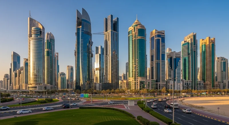 A financial district skyline in Bahrain, showcasing modern skyscrapers and the bustling business environment.