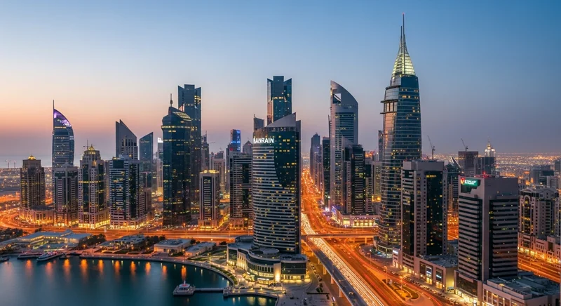 Skyline of Bahrain with modern skyscrapers, reflecting economic growth and development in the Middle East