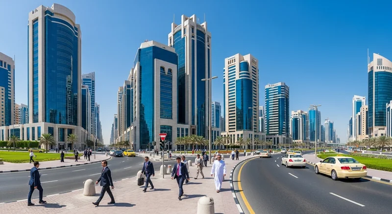 A bustling financial district in Bahrain with modern office buildings and active business environment