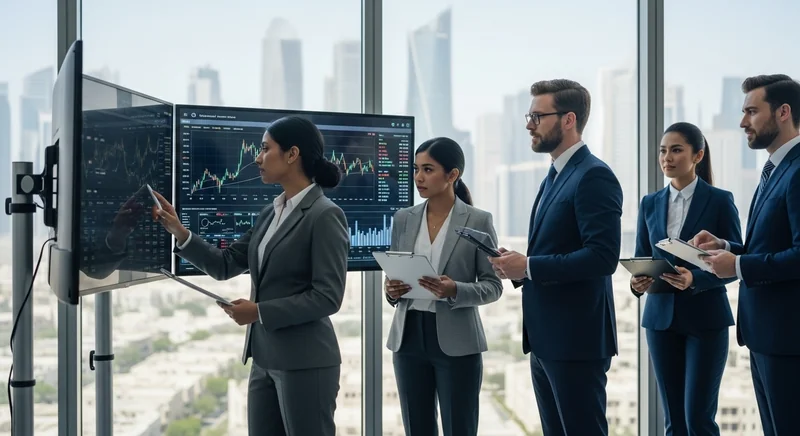 Business professionals analyzing financial data on digital screens, symbolizing real-time economic insights in Bahrain