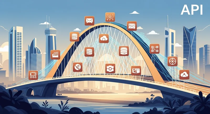 Illustration of a digital bridge connecting various business systems with data flowing across, symbolizing API integration in a Middle Eastern business context