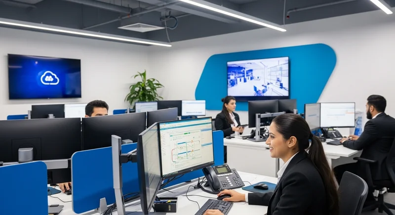 Interior of a modern telecommunications company office in Bahrain, showcasing advanced technology and workforce
